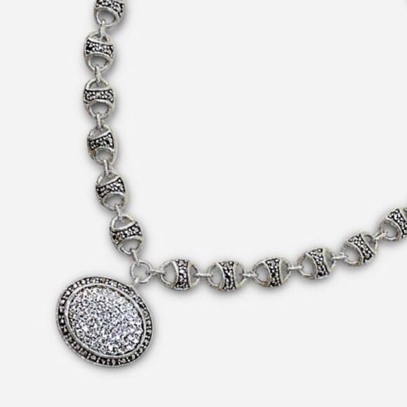 PREMIUM THAI SILVER & PAVE STONE LINK & PENDANT NECKLACE - Picture 1 of 8